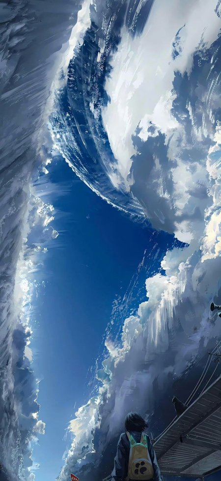 云之溪谷少女仰望天空唯美治愈风景手机壁纸