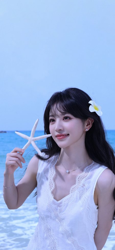 田曦薇女神海边持海星微笑清新人像手机壁纸