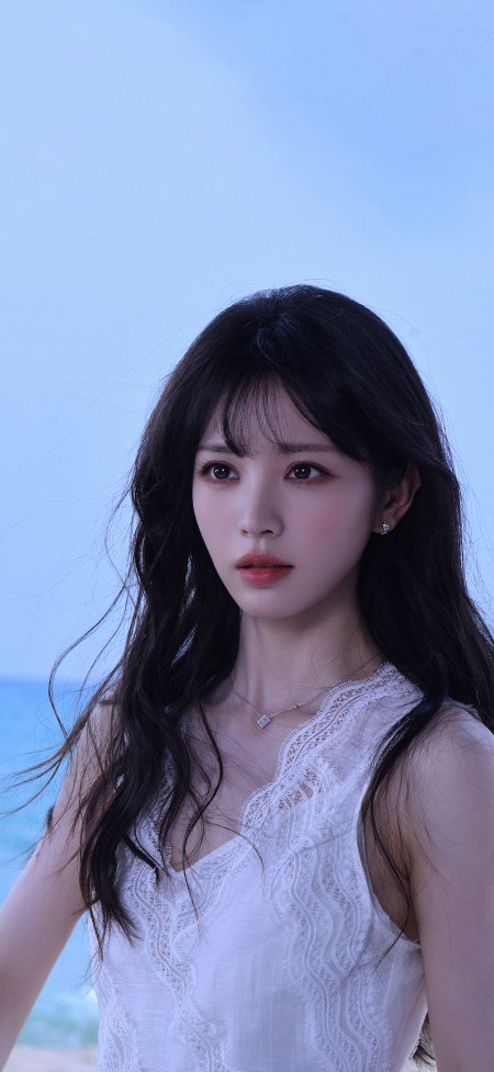 田曦薇女神白色蕾丝裙海边凝视清新人像手机壁纸