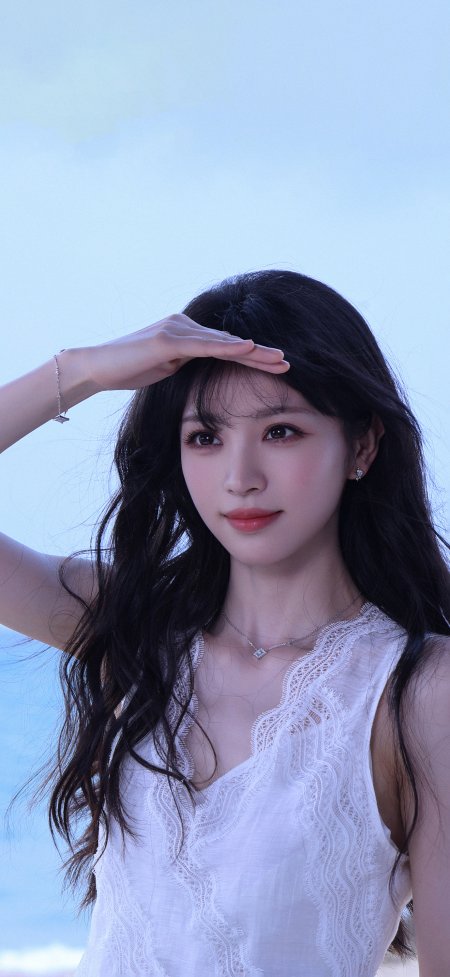 田曦薇女神白色蕾丝裙海边遮阳清新人像手机壁纸