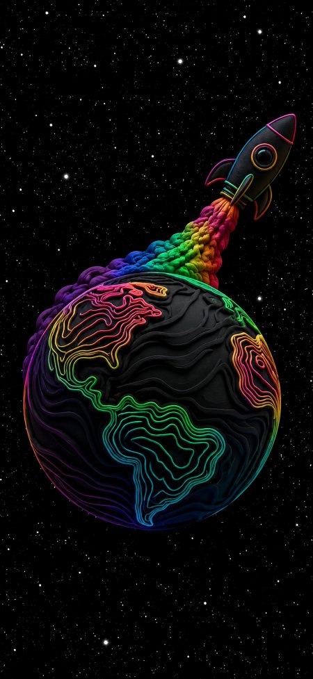 彩虹火箭从地球发射升空童趣宇宙创意手机壁纸