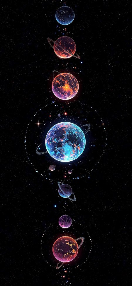 多色星球垂直排列星空背景宇宙科幻创意手机壁纸