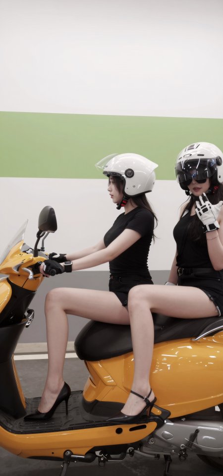 双美女骑黄色摩托车时尚人像手机壁纸