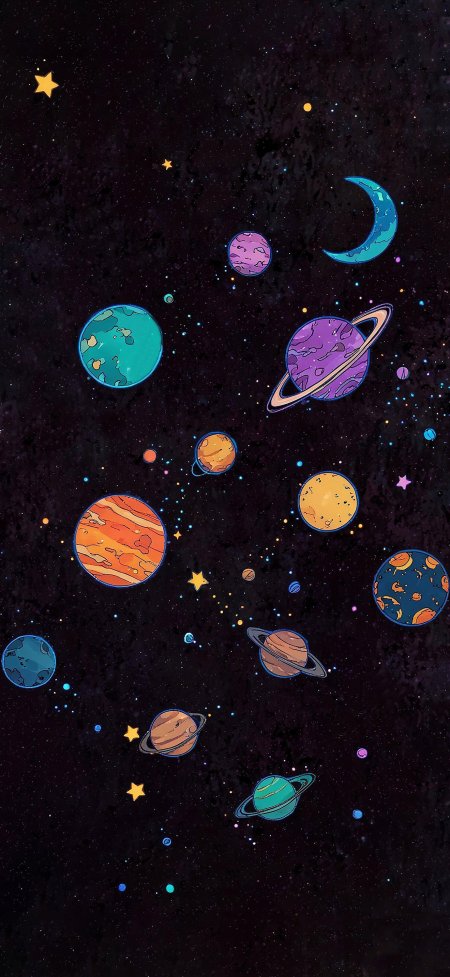 卡通风格多彩星球与星环梦幻宇宙创意手机壁纸