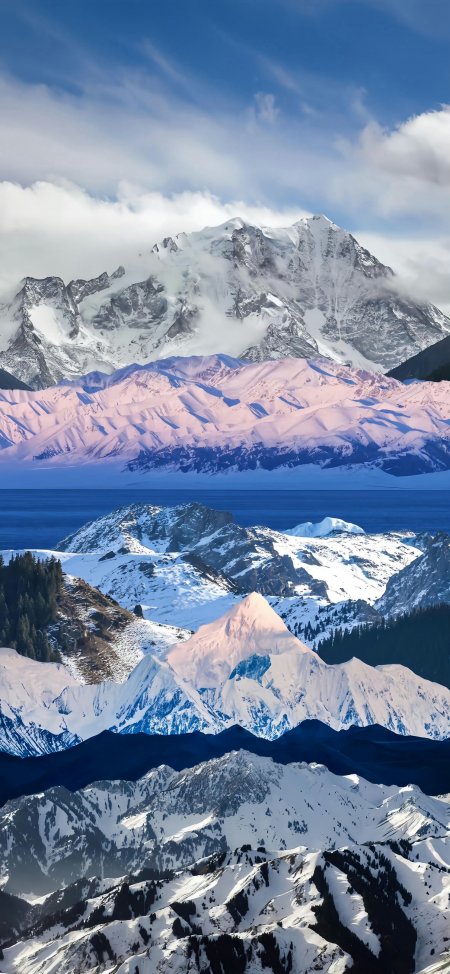 层叠雪山与湖泊相映壮丽自然风光风景手机壁纸