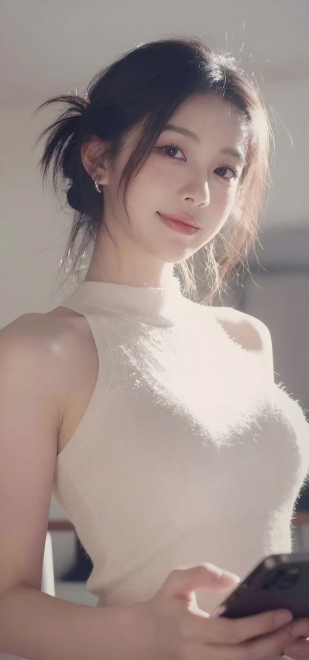 美女穿白色无袖上衣看手机温柔人像手机壁纸