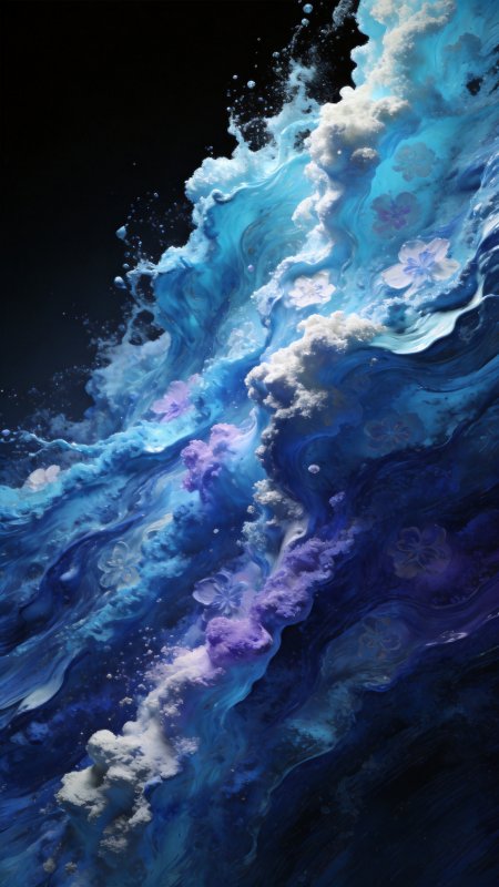 蓝色流体花朵黑色背景梦幻抽象创意手机壁纸
