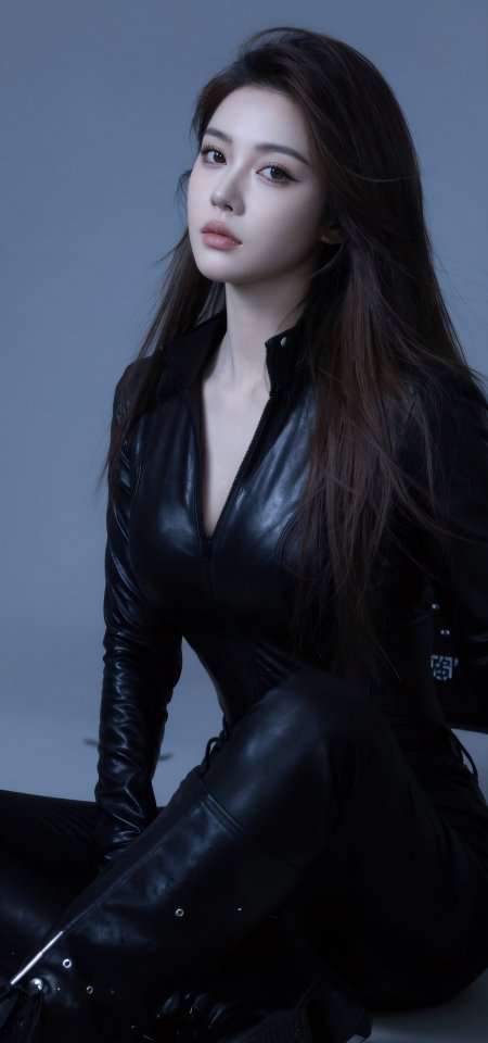 美女穿黑色皮衣坐姿优雅时尚人像手机壁纸