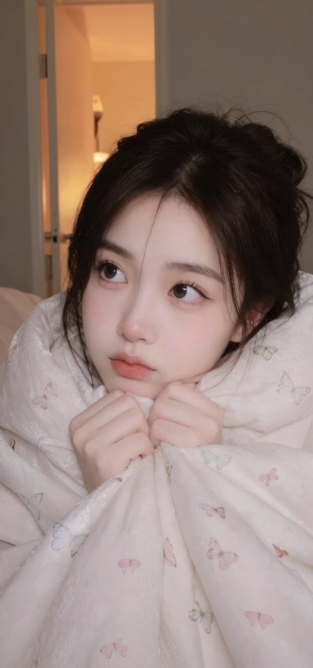 黑发美女蝴蝶被中慵懒回眸温柔人像手机壁纸