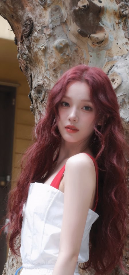 红发美女倚靠树干回眸甜美人像手机壁纸