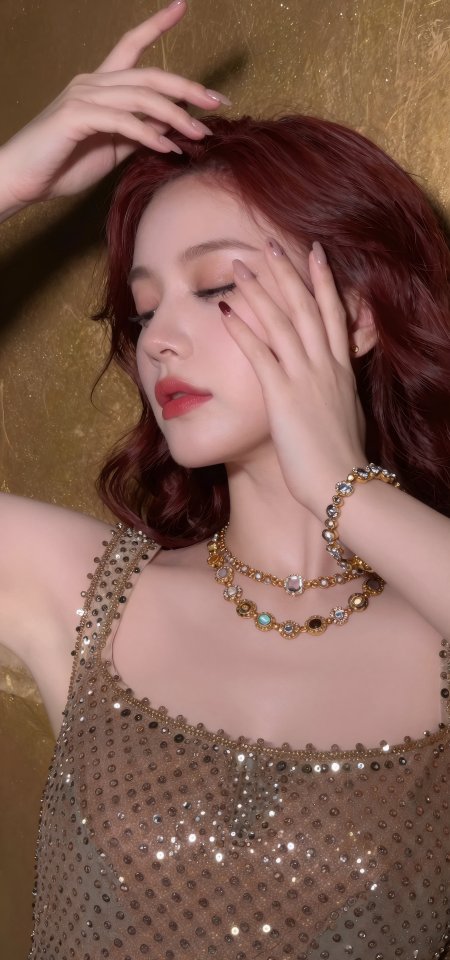 红发美女金色背景戴珠宝优雅人像手机壁纸
