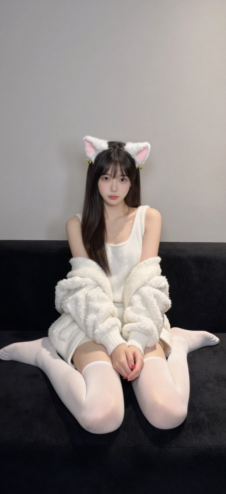美女戴白色猫耳穿白色毛衣可爱人像手机壁纸