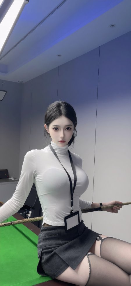 黑发美女白色高领衫台球桌人像手机壁纸
