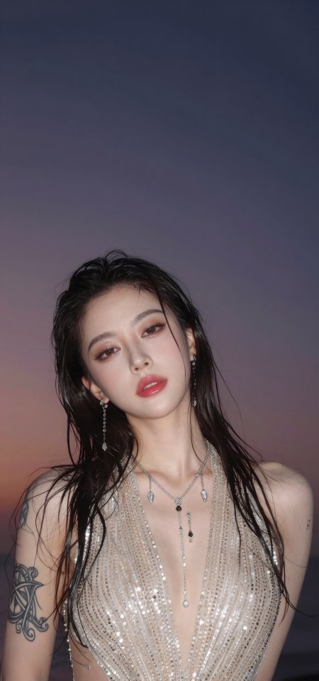 美女穿银色亮片礼服配纹身时尚人像手机壁纸