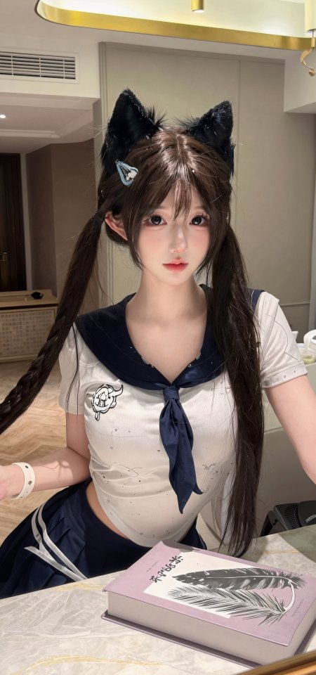 棕发双马尾少女猫耳水手服人像手机壁纸