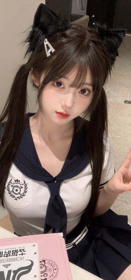 美女戴黑色猫耳穿水手服可爱人像手机壁纸