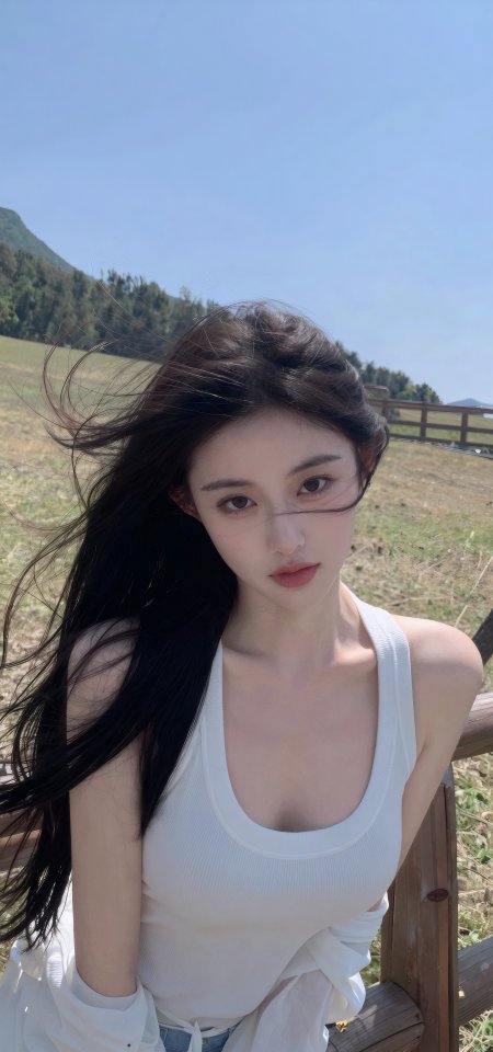黑发美女草地白背心自然清新人像手机壁纸