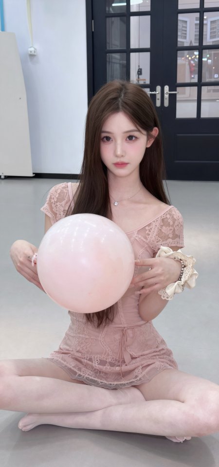 棕发美女粉裙抱气球甜美可爱人像手机壁纸