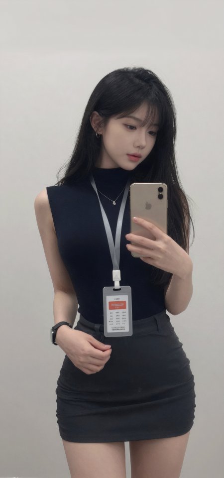 黑发美女黑裙持手机镜前自拍时尚人像手机壁纸