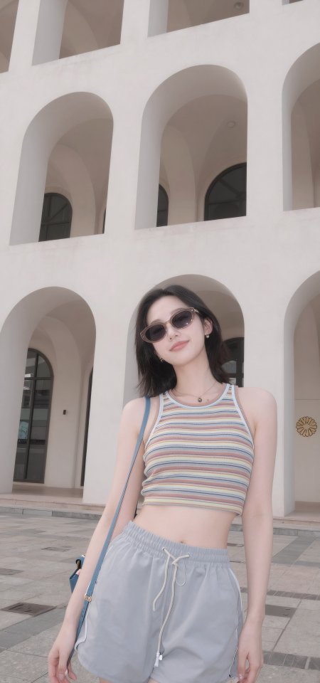 黑发美女条纹背心配灰短裤户外时尚人像手机壁纸