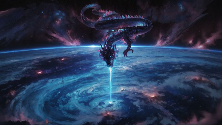 巨龙盘踞地球上方喷射蓝光宇宙奇幻创意电脑壁纸