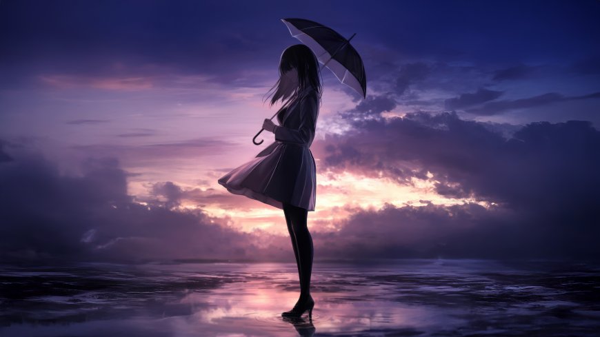 黑发少女持伞立海边暮色紫云动漫风景电脑壁纸