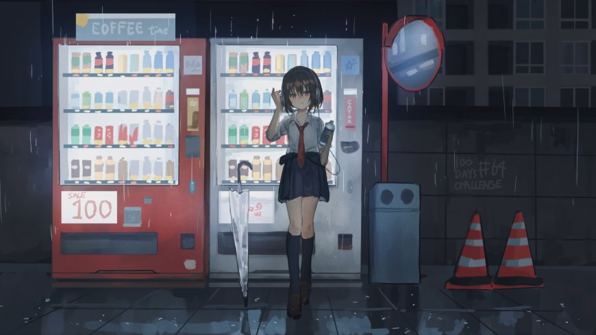 少女戴耳机倚靠自动售货机雨夜霓虹动漫少女电脑壁纸