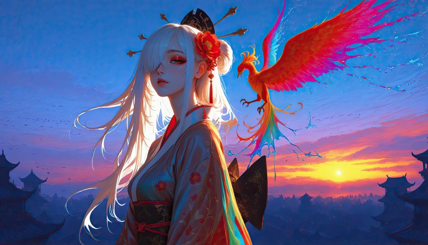 白发少女和服凤凰环绕古风建筑日落奇幻动漫电脑壁纸