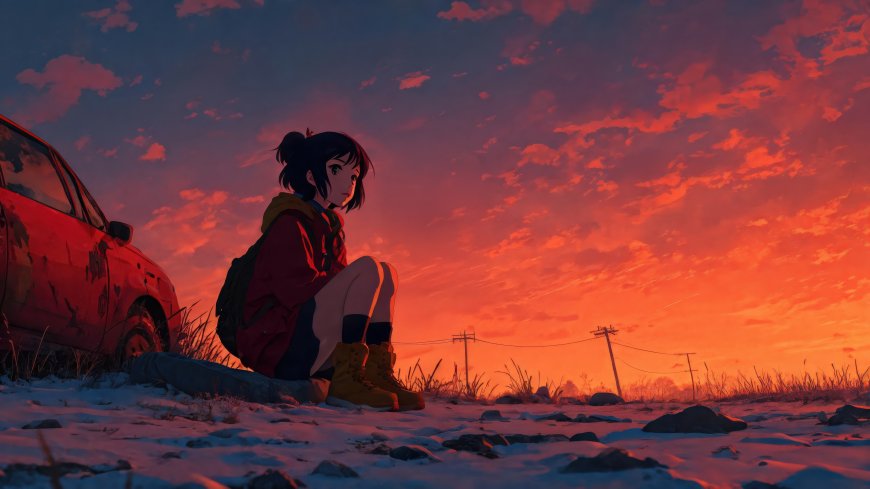 少女雪地废墟旁眺望日落动漫电脑壁纸