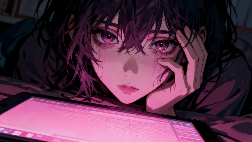 粉瞳少女撑头凝视发光平板赛博光影动漫电脑壁纸