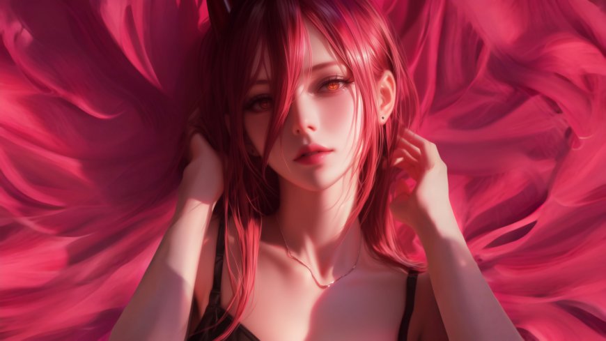 电锯人玛奇玛红发橙瞳躺卧花瓣暗黑系动漫少女电脑壁纸
