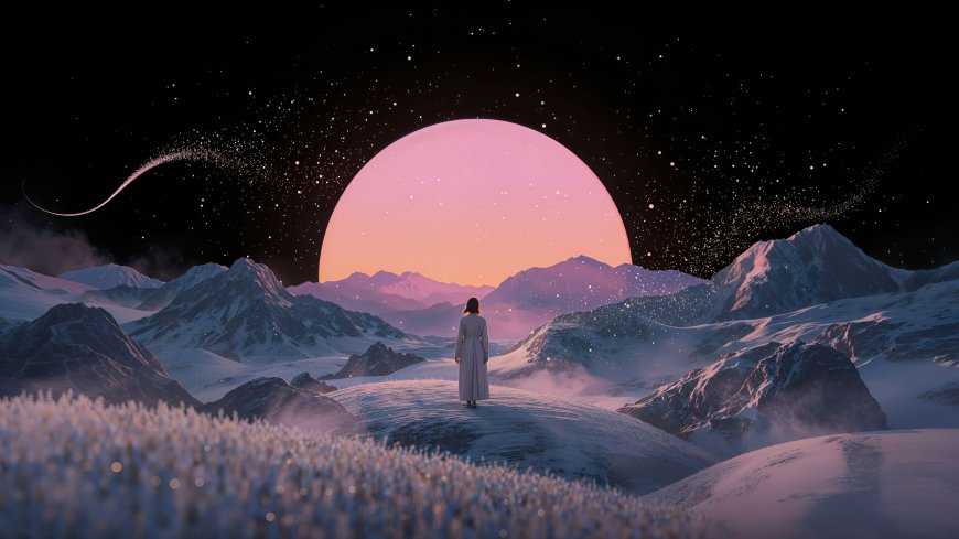少女背对粉月伫立雪山星空奇幻插画电脑壁纸