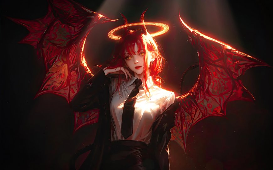红发恶魔少女展黑翼顶光环绕暗黑奇幻风动漫电脑壁纸