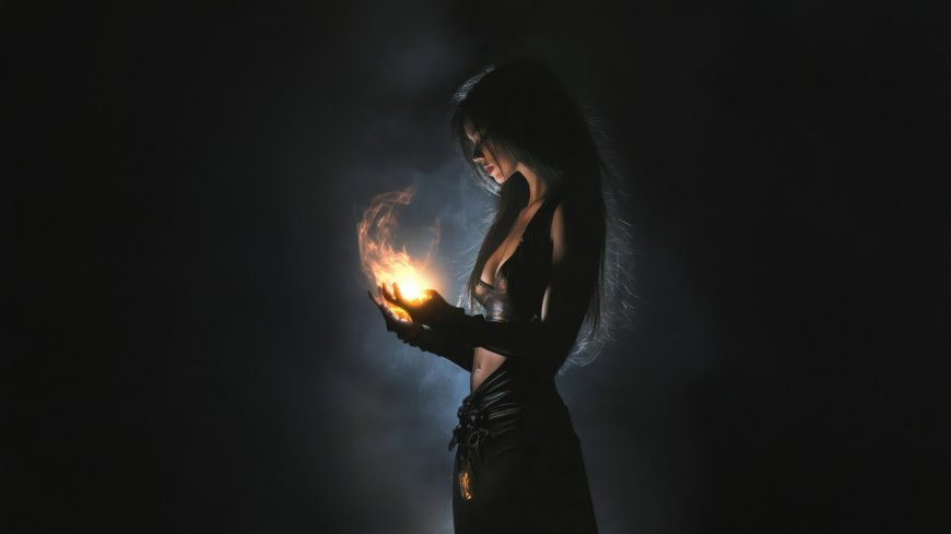 美女双手捧火焰暗黑背景神秘光影人物电脑壁纸