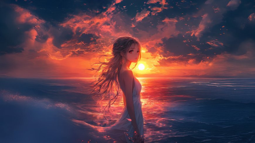 长发美女白裙立海边夕阳红云唯美风景电脑壁纸