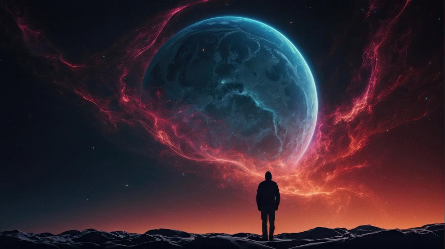 宇航员剪影仰望巨大星球宇宙星空科幻创意电脑壁纸