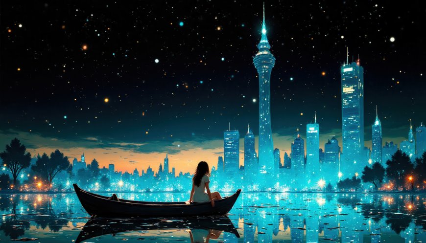 少女独坐小舟仰望赛博都市夜景梦幻插画电脑壁纸