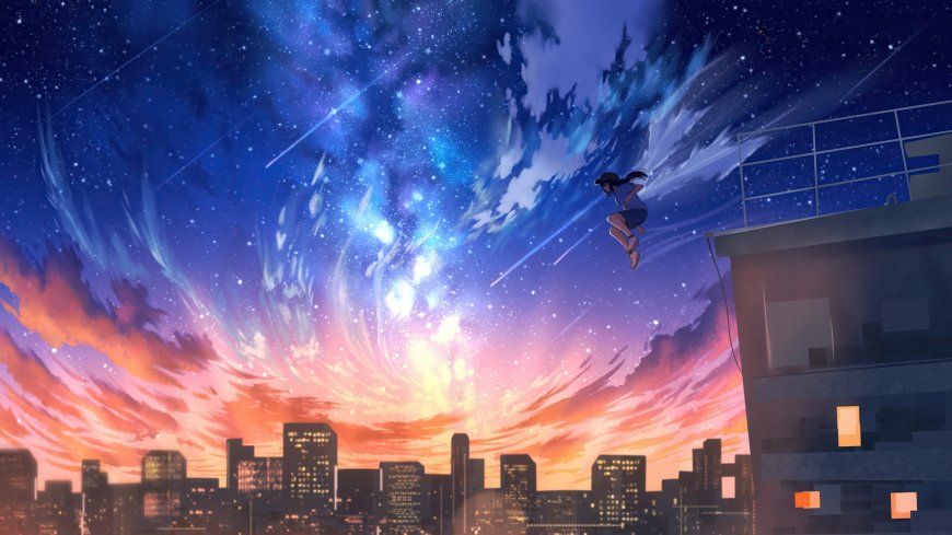 少女跃向星空城市晚霞绚烂动漫风景电脑壁纸