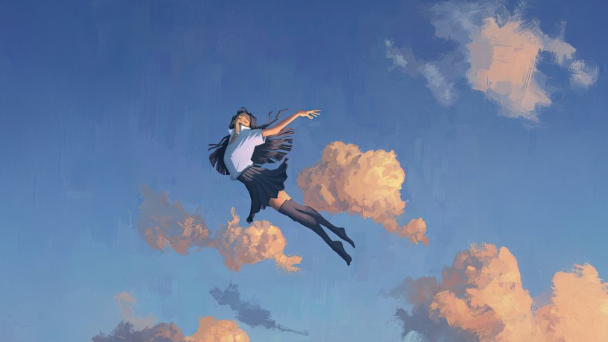 少女云端飞翔蓝天橙云梦幻动漫电脑壁纸