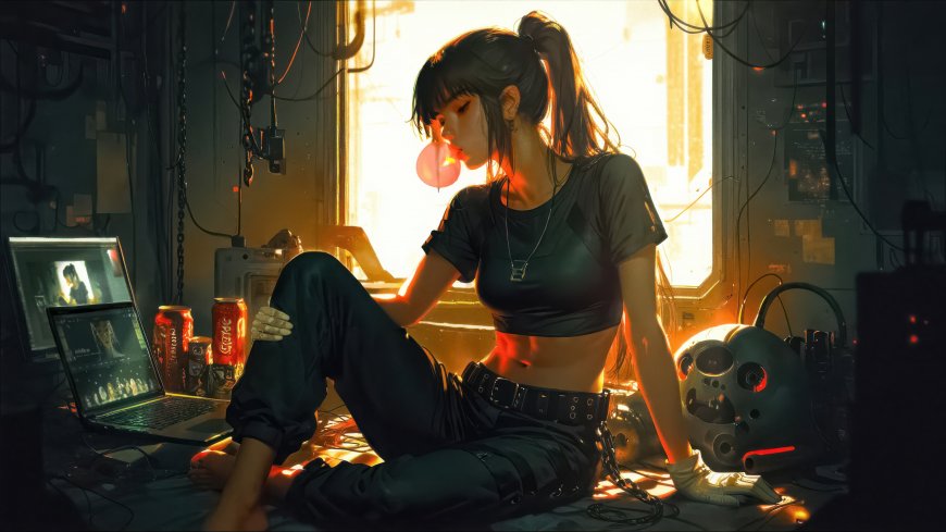 少女吹泡泡糖赛博朋克暖光电脑壁纸