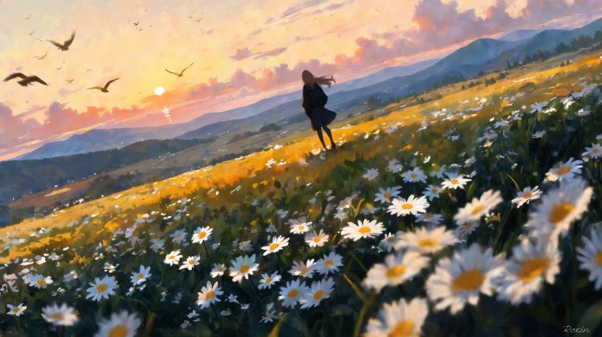 少女独行雏菊花海日落飞鸟远山唯美风景电脑壁纸