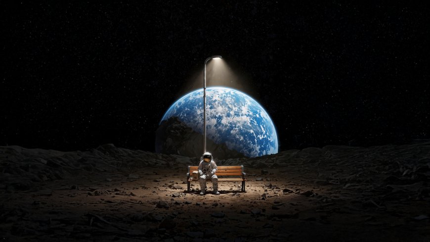 宇航员坐月球长椅望地球星空孤独感创意电脑壁纸