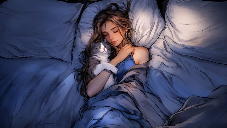 长发美女抱灰白猫咪床上安睡温馨人物电脑壁纸