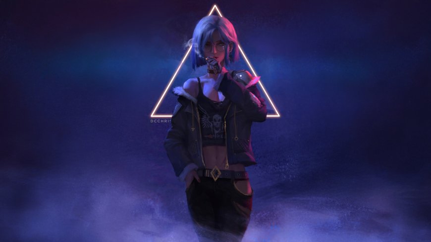 赛博朋克少女短发戴眼镜抽烟霓虹三角光效科幻人物电脑壁纸