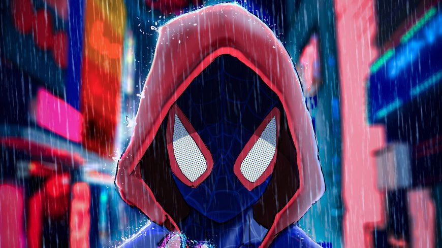 蜘蛛侠迈尔斯戴红帽雨中站立赛博都市动漫电脑壁纸