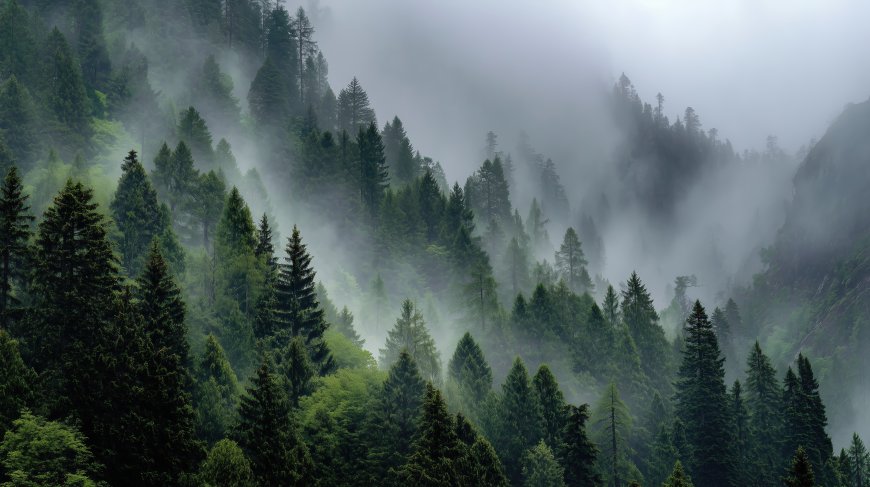 云雾缭绕松树林山峦叠嶂自然风光风景电脑壁纸