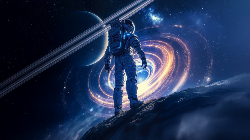 宇航员凝视宇宙漩涡带环行星科幻太空探索电脑壁纸