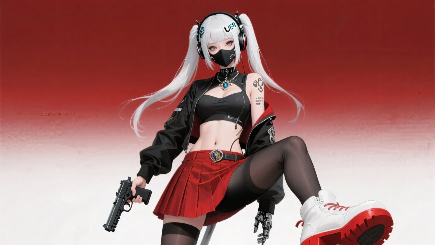 白发双马尾少女持枪坐红背景赛博风动漫少女电脑壁纸