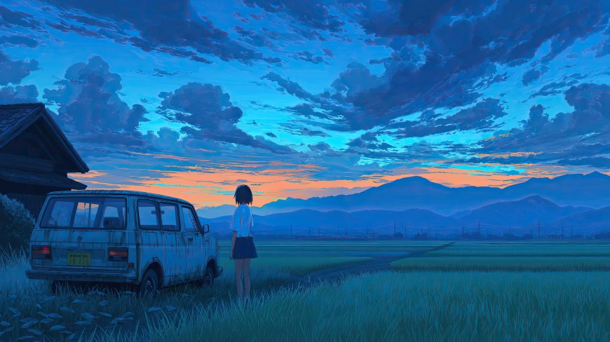少女田埂望晚霞复古车动漫风景电脑壁纸