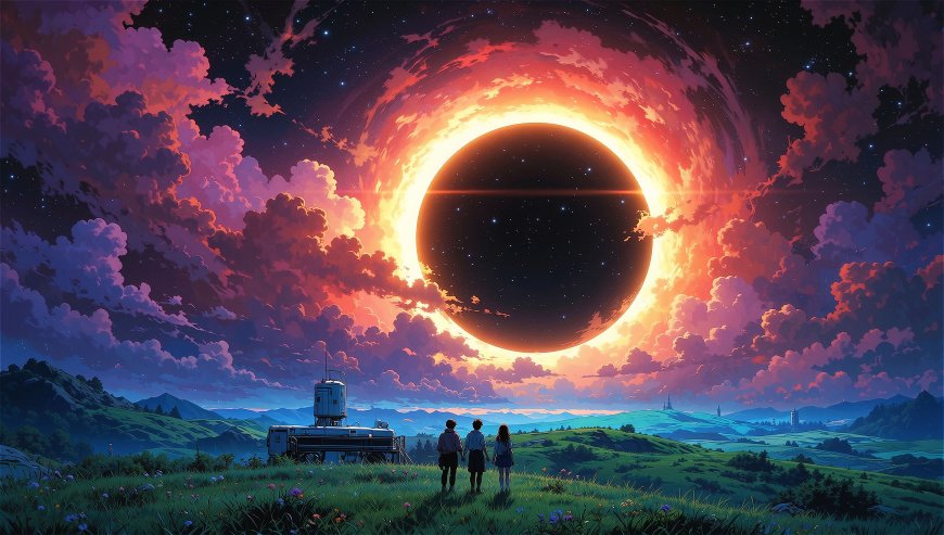 三人望日食星云天空草地科幻场景动漫风景电脑壁纸
